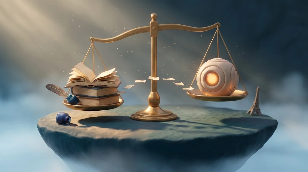 ترازوی برنجی که کتاب های زبان فرانسه را در برابر یک دستیار هوش مصنوعی متعادل نگه داشته است