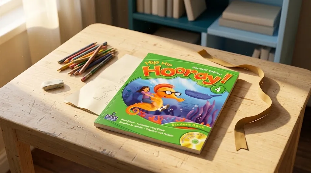 : کتاب Hip Hip Hooray روی میز مطالعه کودک کنار مدادرنگی‌ها
